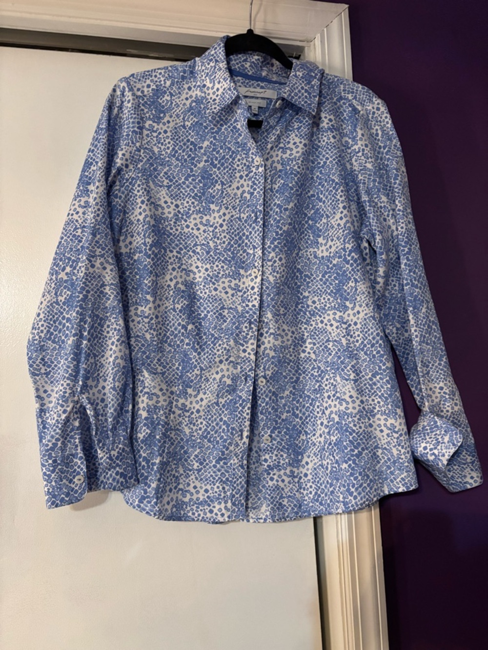 Foxcroft Blue and White Abstract Print Button-Up Shirt